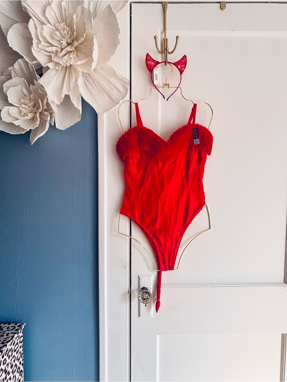 Devil Red Fuzzy-Trim Ladies Costume/Bodysuit